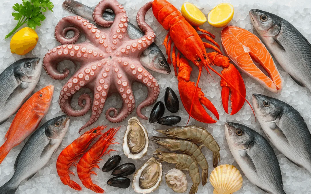 Taze balıklar, karidesler, ıstakoz, midye ve ahtapotun buz üzerinde özenle sergilendiği, deniz ürünlerinin zengin çeşitliliğini gözler önüne seren etkileyici bir sofra düzeni.