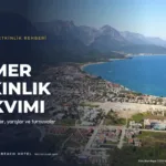 Dağların önünde uzanan Kemer şehri ve sahili, yukarıdan panoramik görünüm